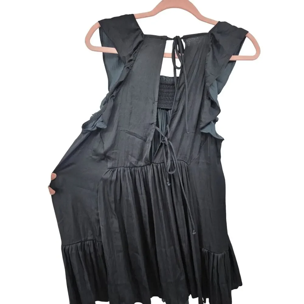 Intimately Free People Want Your Love Black Smocked Tiered Babydoll Mini Dress S